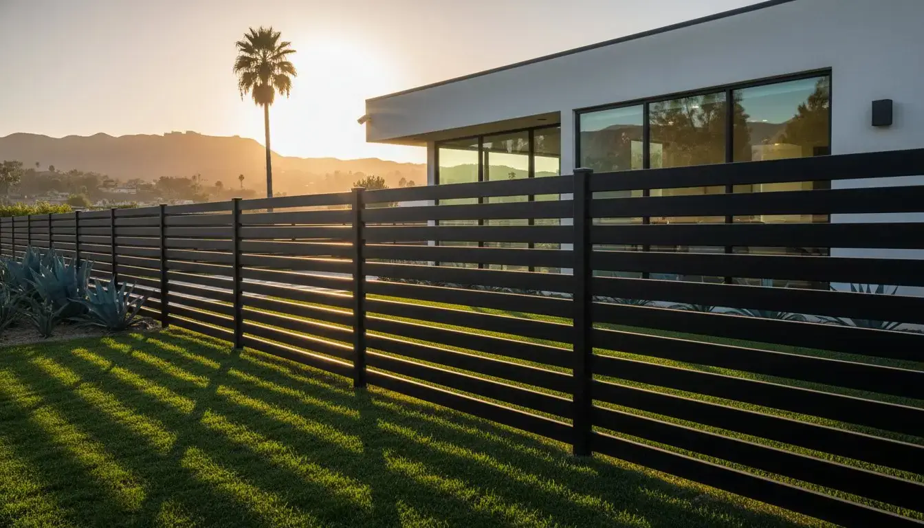 Black Horizontal Iron Fence Design in front of a modern home