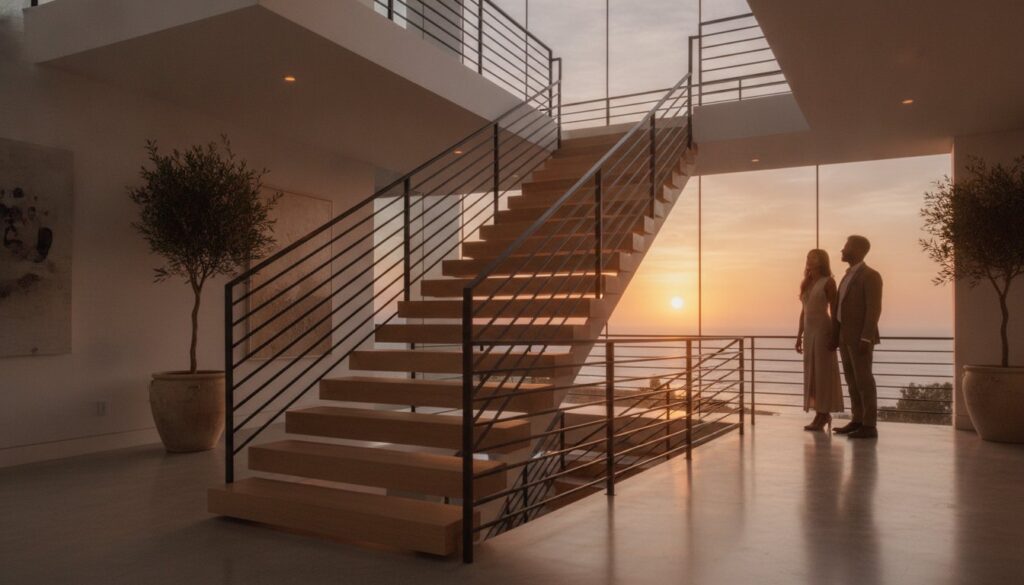 Custom iron stair railing with a decorative design installed in a residential interior.