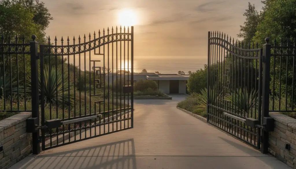 Custom iron estate gate and privacy fencing installed at a residential property.